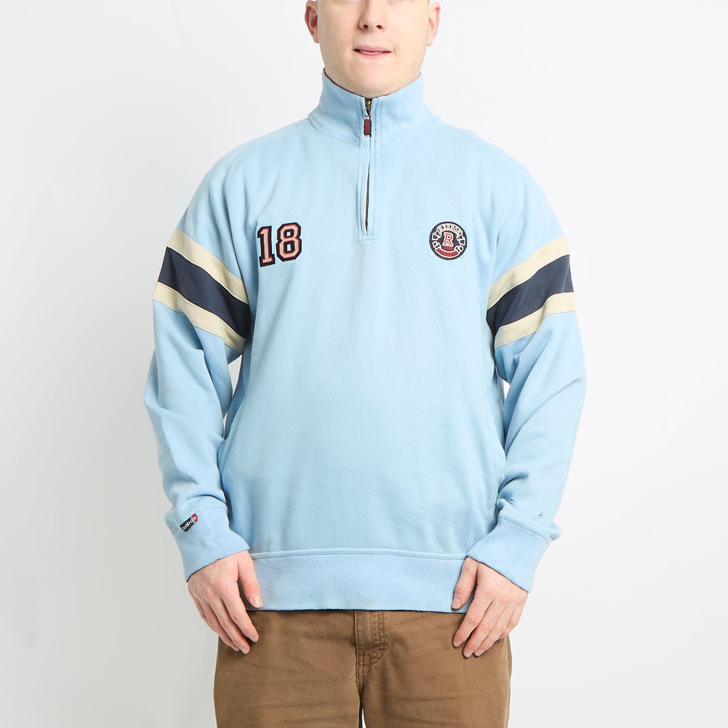 Reebok Embroidered Quarter Zip Sweatshirt With Arm Stripes - M