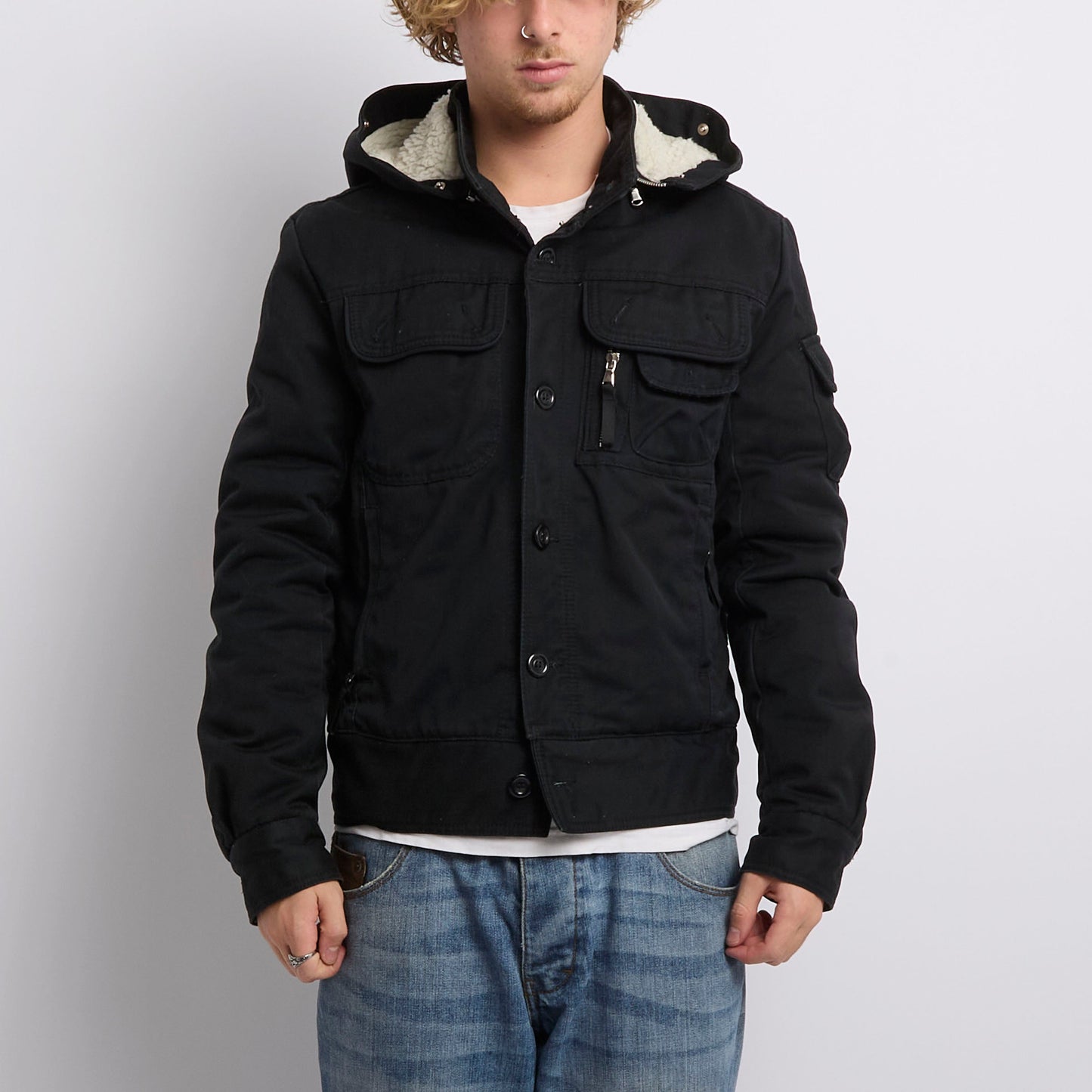 Fur Hooded Pocket Detail Jacket - L