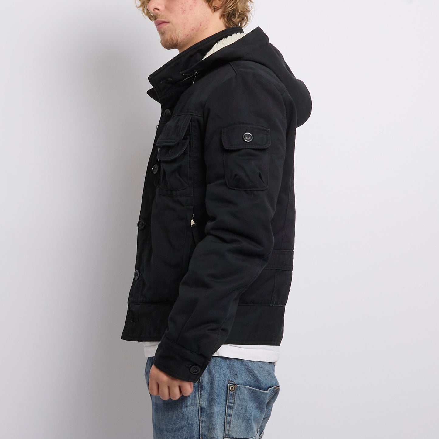 Fur Hooded Pocket Detail Jacket - L