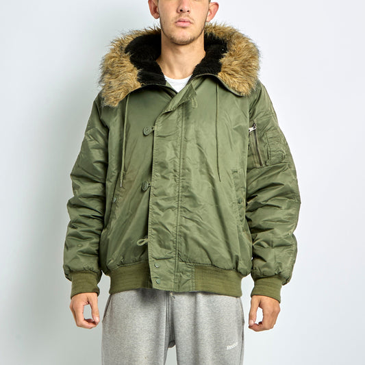 Fur Trim Hooded Bomber Jacket - XL