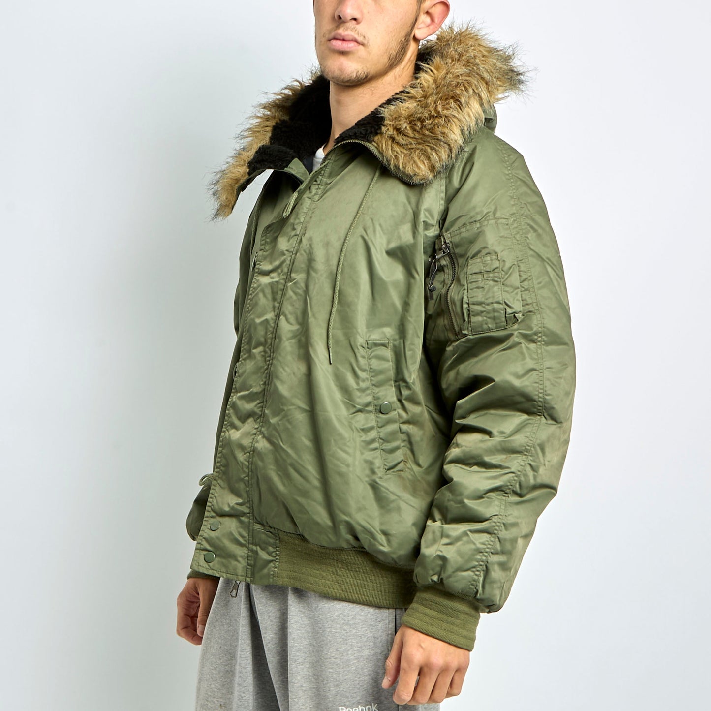 Fur Trim Hooded Bomber Jacket - XL