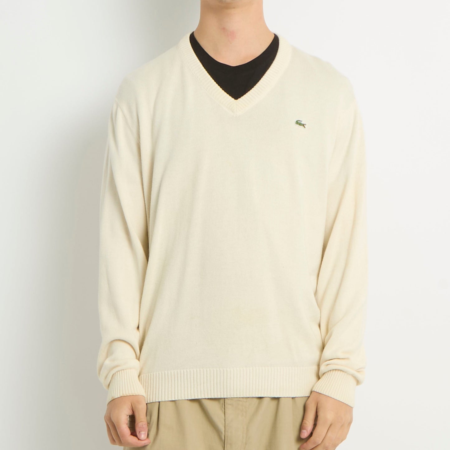 Lacoste Logo V-Neck FIne Knit Sweater - L