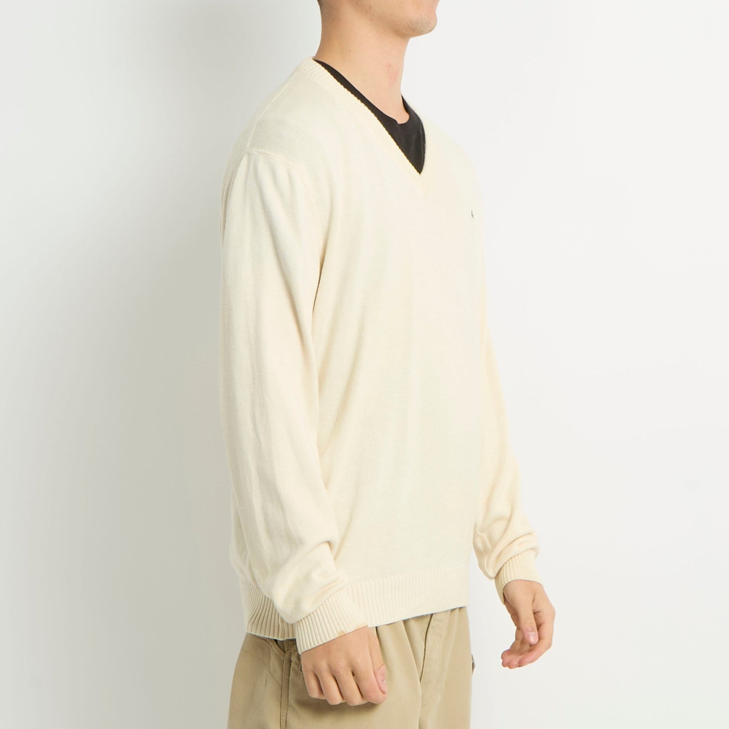 Lacoste Logo V-Neck FIne Knit Sweater - L