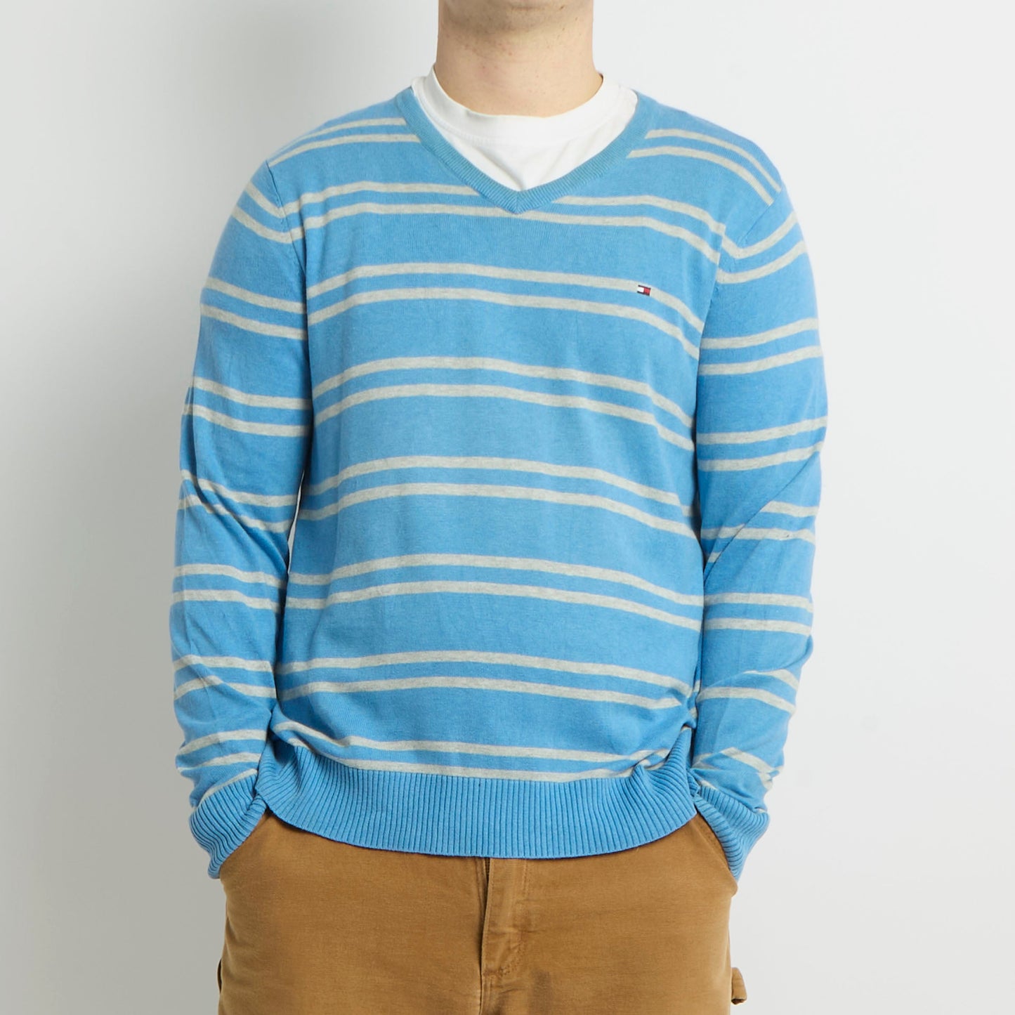 Tommy Hilfiger Striped Knitted V-Neck Sweater - L