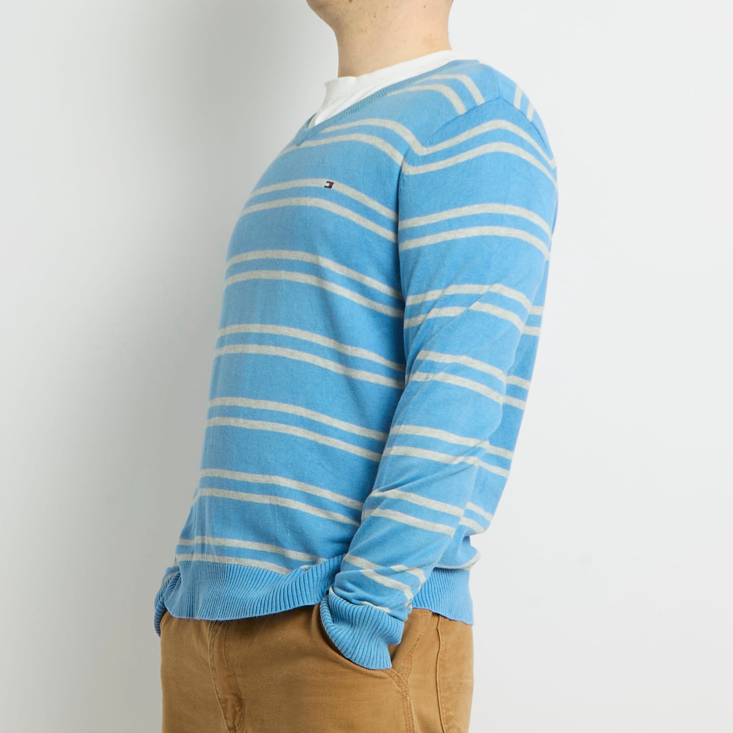 Tommy Hilfiger Striped Knitted V-Neck Sweater - L