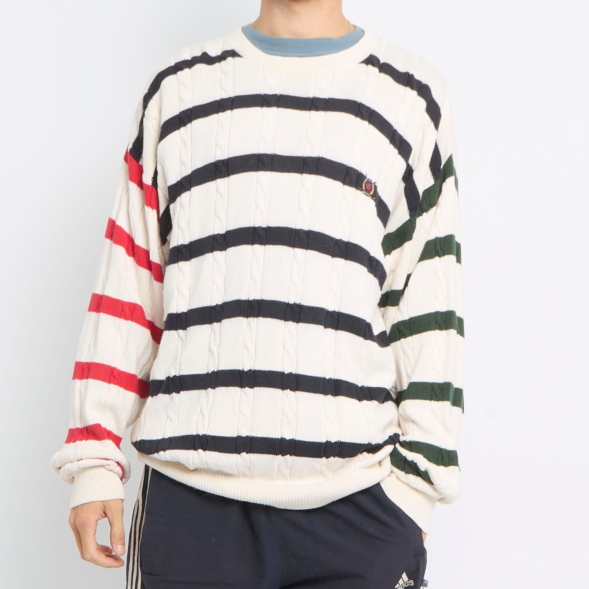 Tommy Hilfiger Cableknit Striped Crewneck Sweater - L