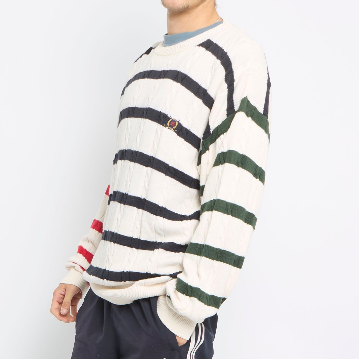 Tommy Hilfiger Cableknit Striped Crewneck Sweater - L