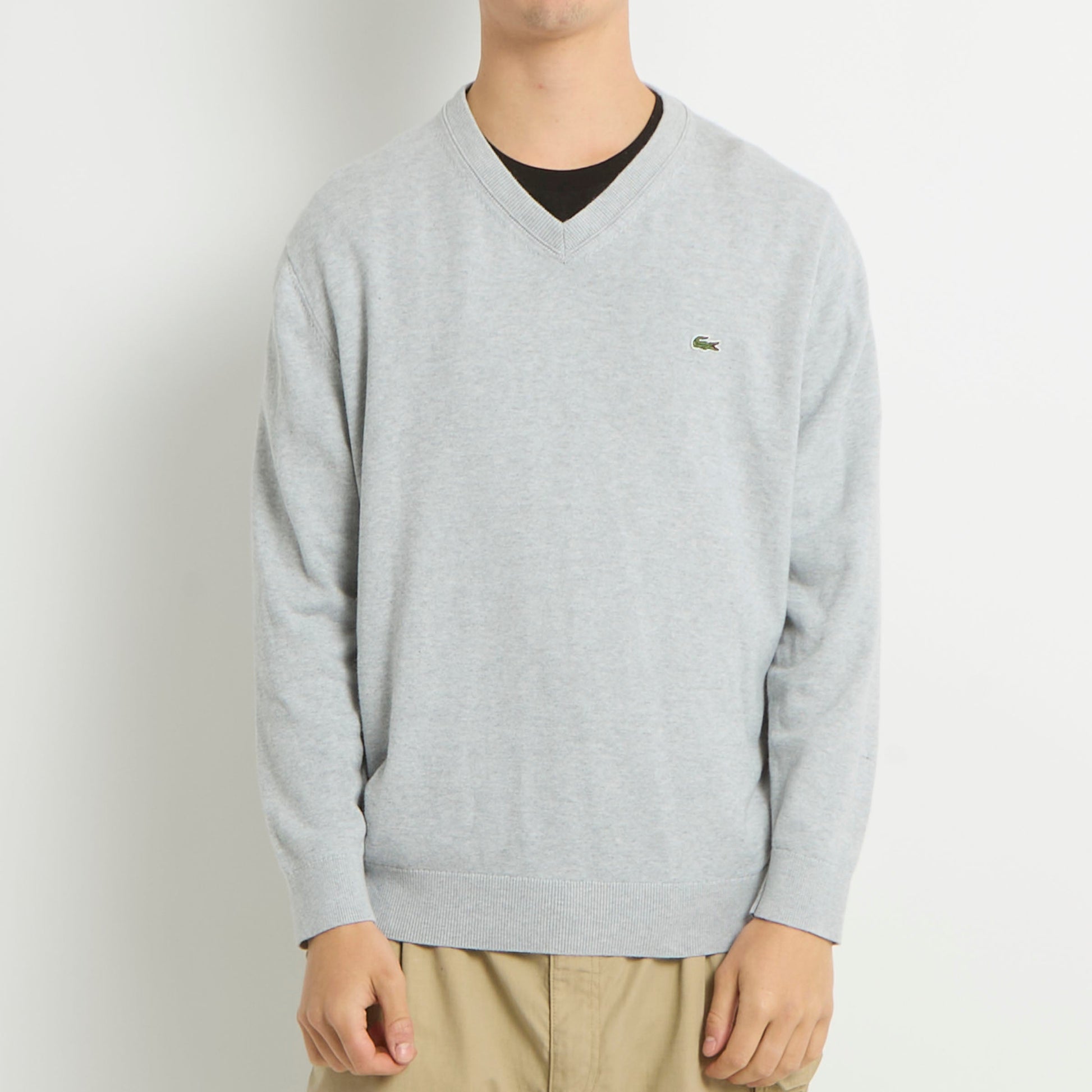 Lacoste Logo V-Neck FIne Knit Sweater - L