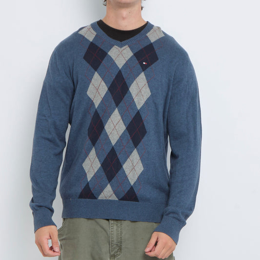 Tommy Hilfiger V-Neck Diamond Fine Knit Sweater - L