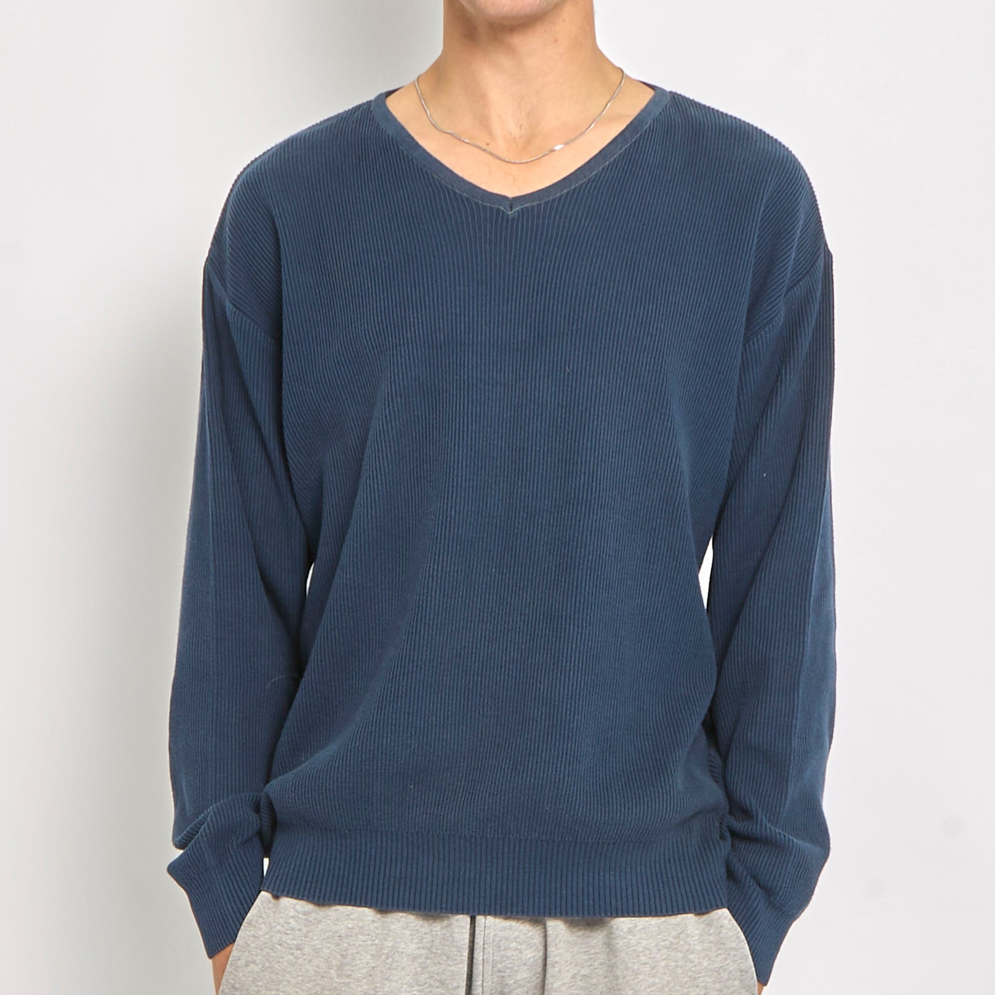 Ribbed Navy Knitted Sweater - L