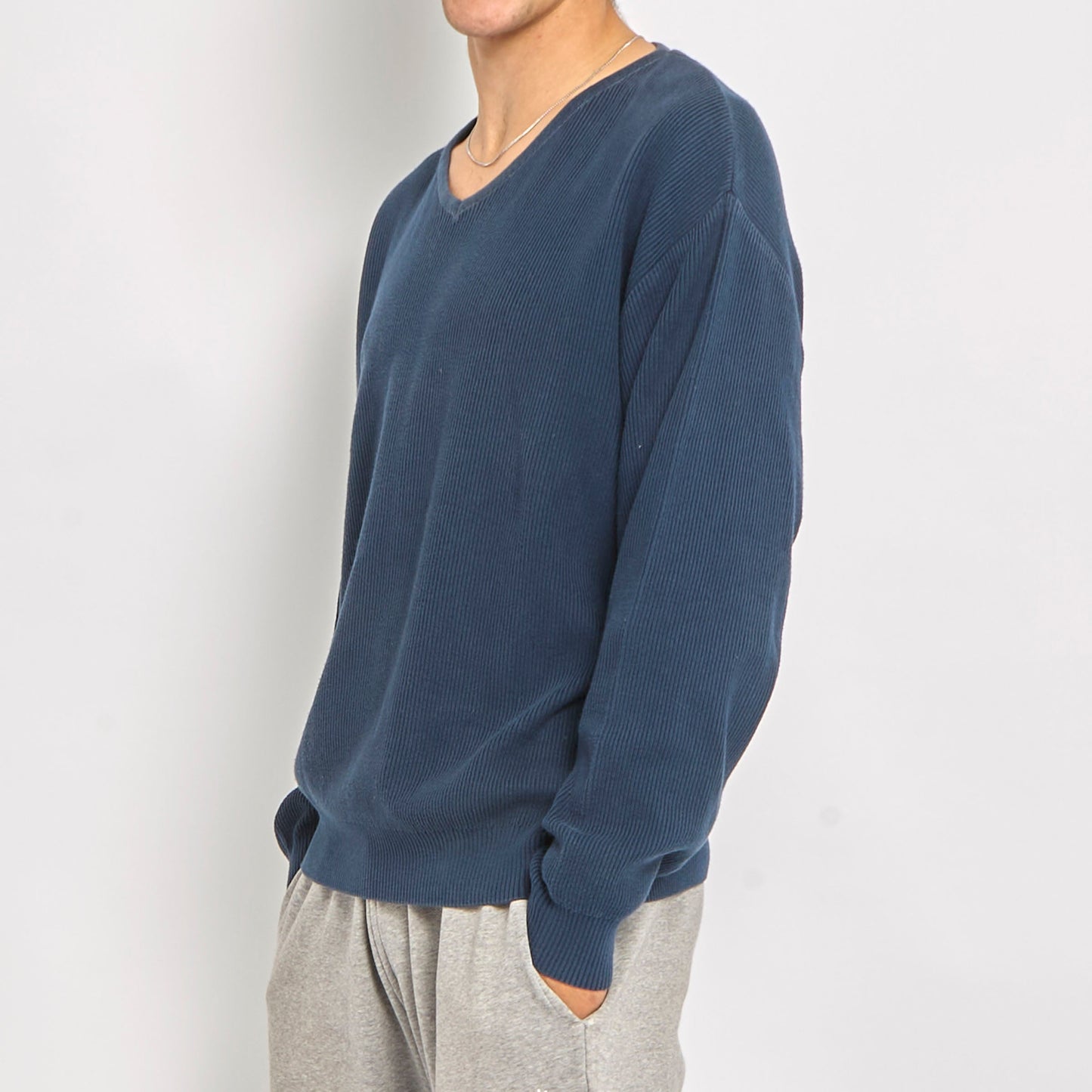 Ribbed Navy Knitted Sweater - L