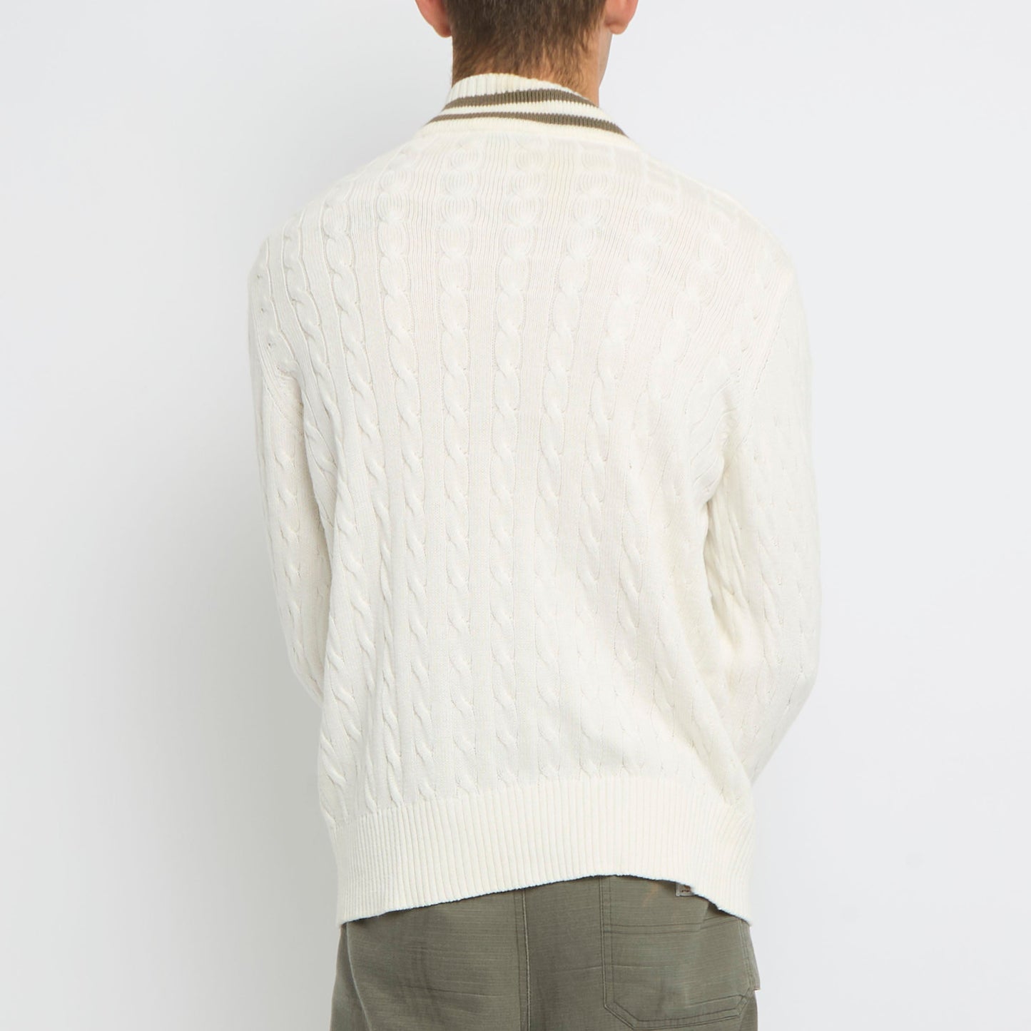 Cable Knit V-Neck Embroidered Sweater - L