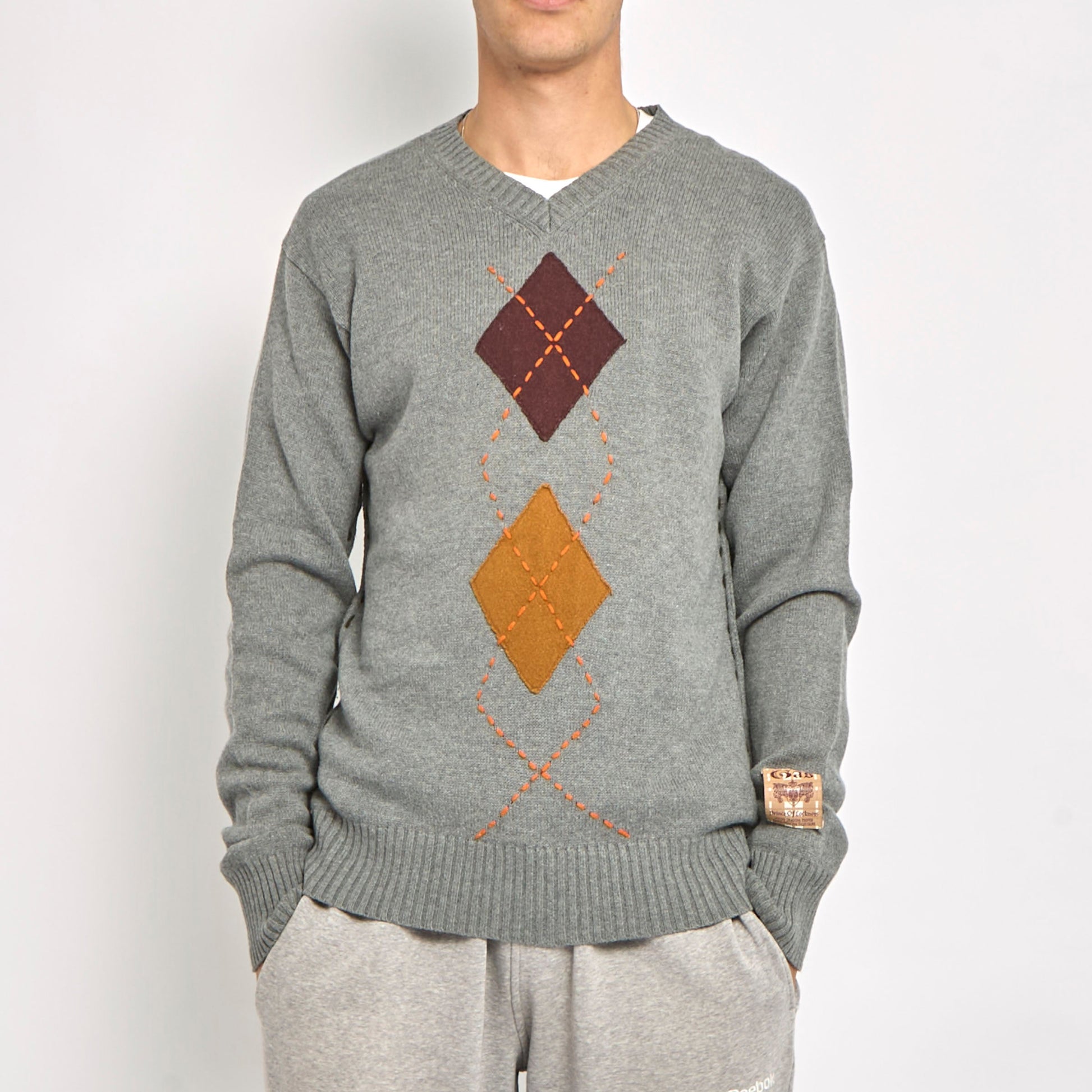 Gas V-Neck Diamond Knitted Sweater - XL