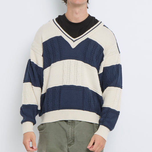 V-Neck Heavy Knit Striped Sweater - XL