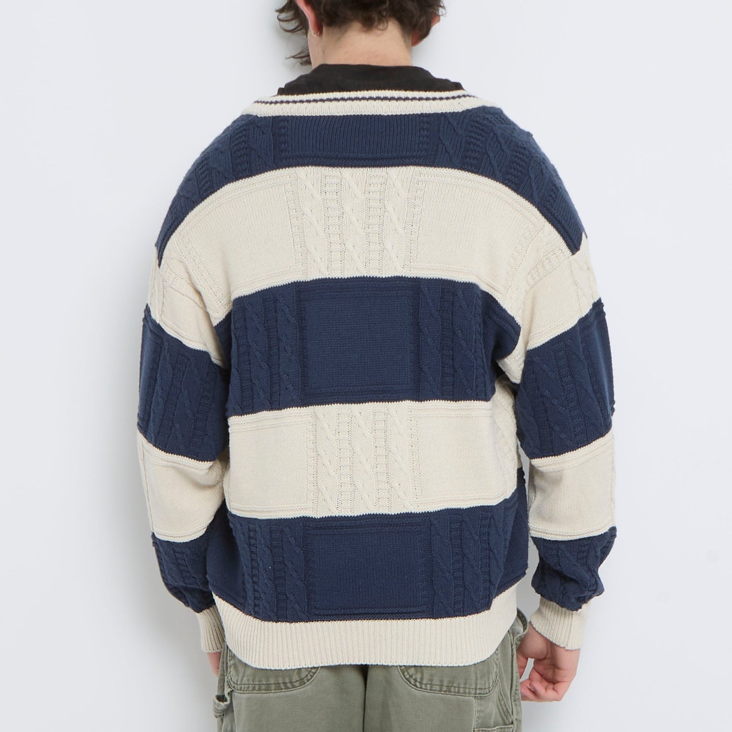 V-Neck Heavy Knit Striped Sweater - XL