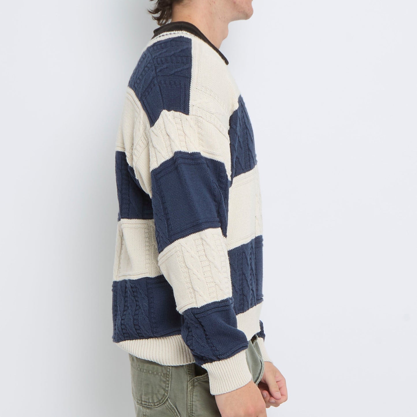 V-Neck Heavy Knit Striped Sweater - XL