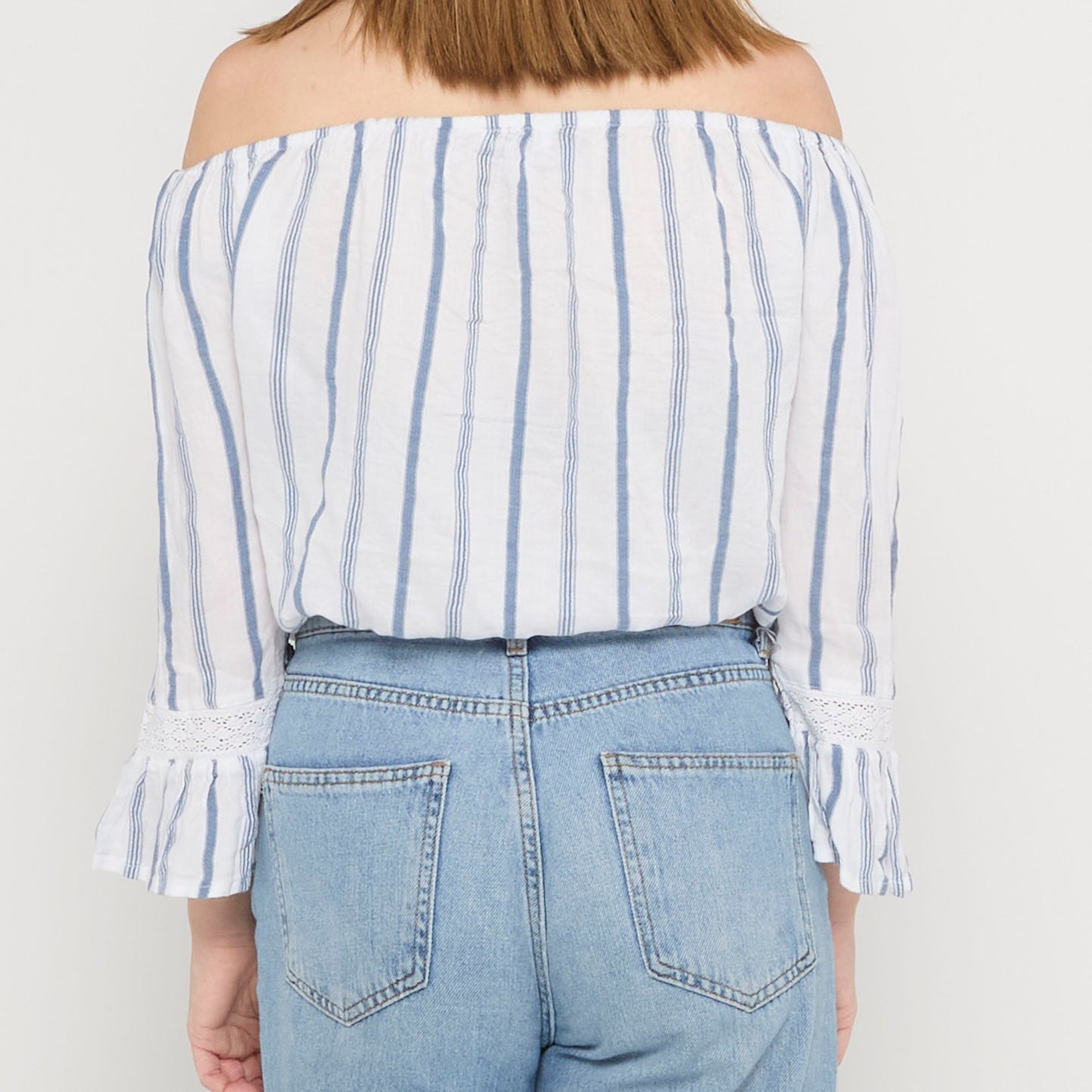 Stripe Off Shoulder Fluted Sleeve Blouse - UK 10