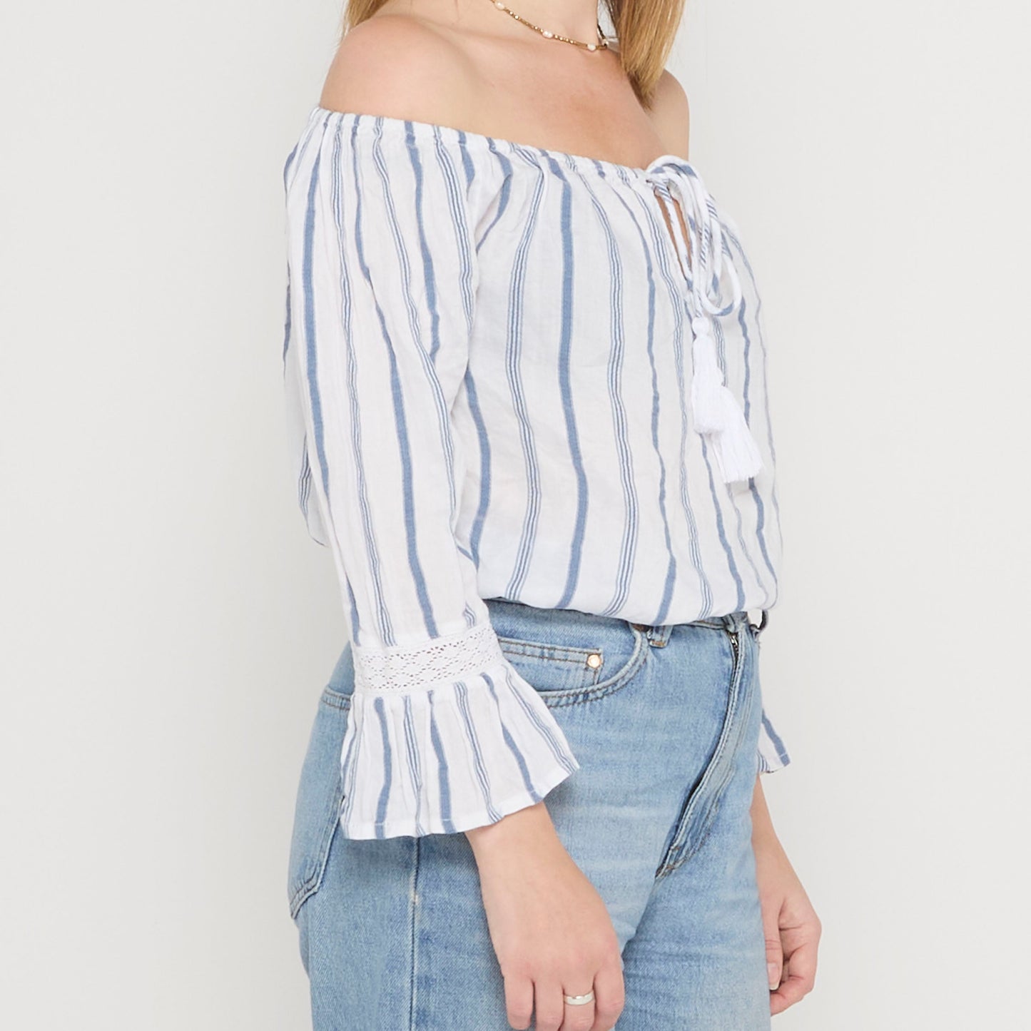 Stripe Off Shoulder Fluted Sleeve Blouse - UK 10