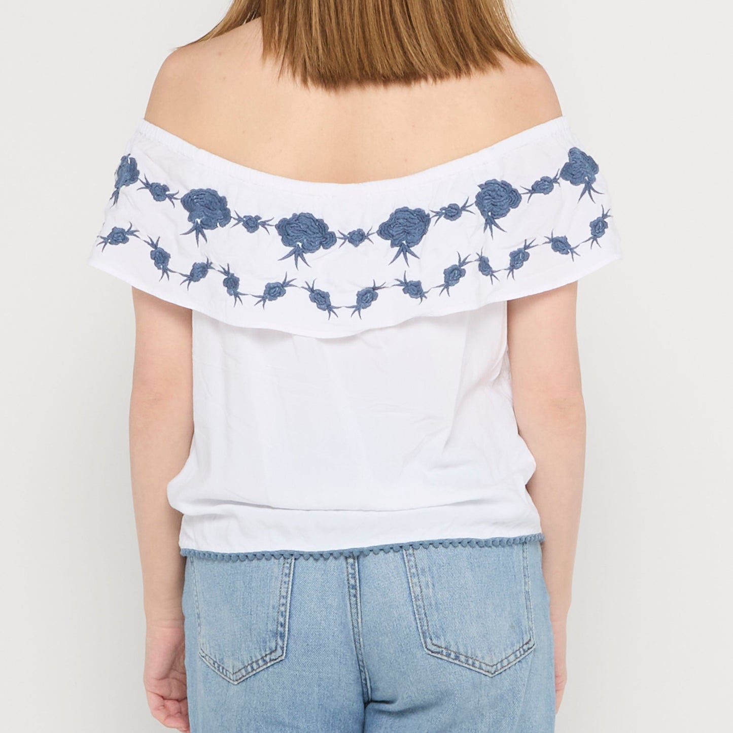 Off Shoulder Embroidered Ruffle Blouse - UK 10