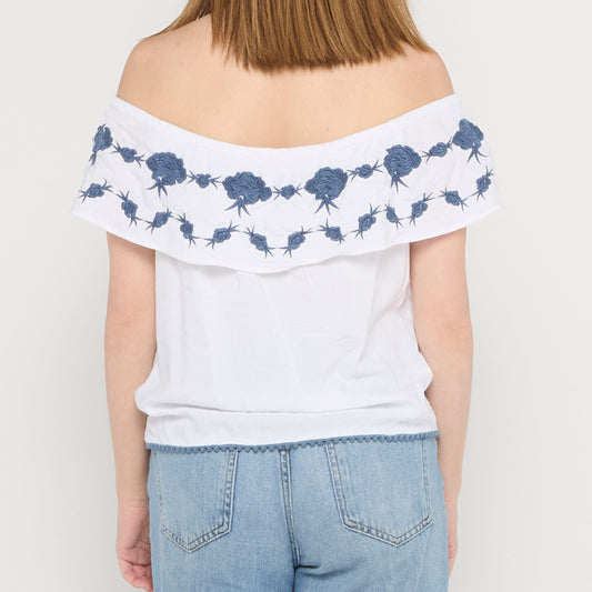 Off Shoulder Embroidered Ruffle Blouse - UK 10