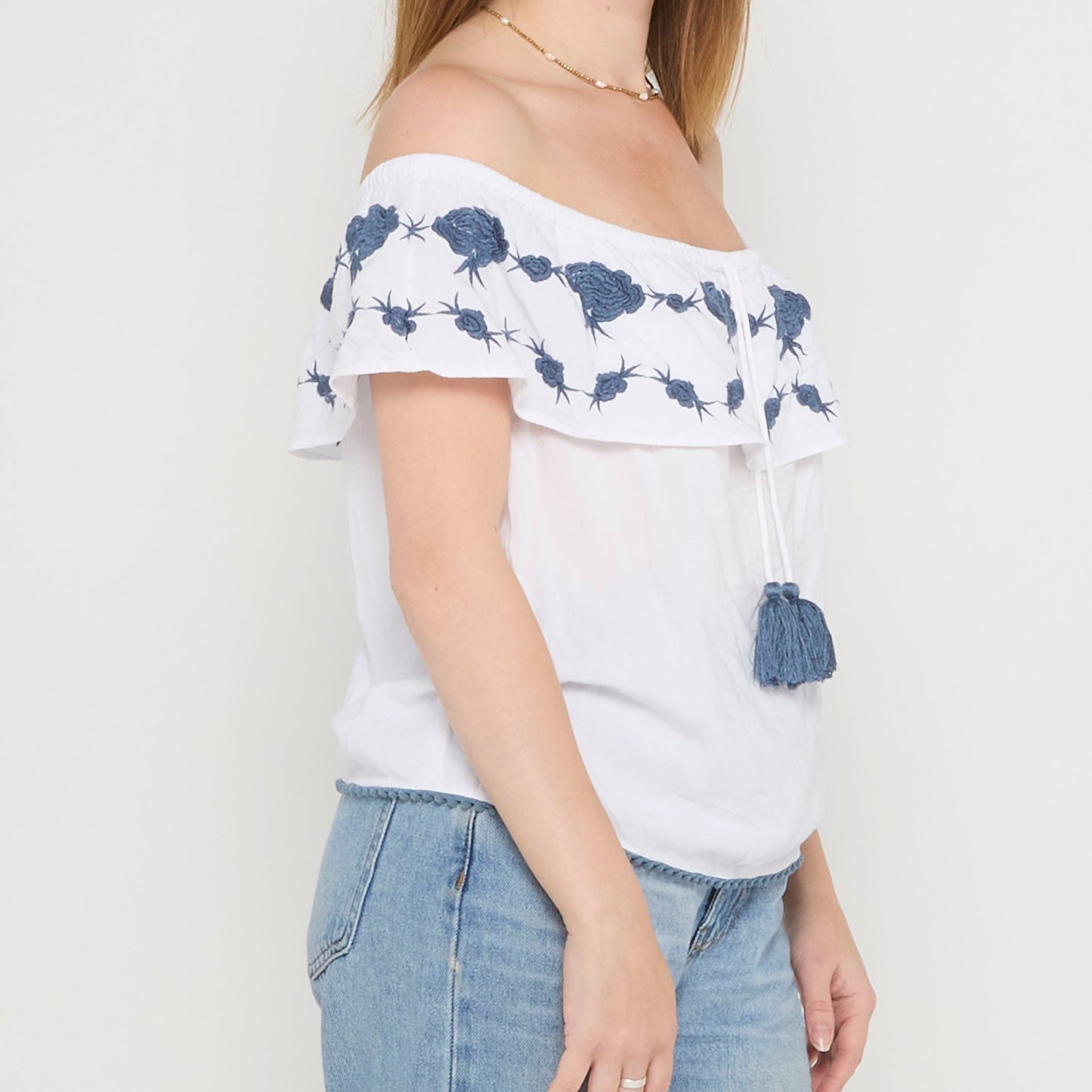 Off Shoulder Embroidered Ruffle Blouse - UK 10