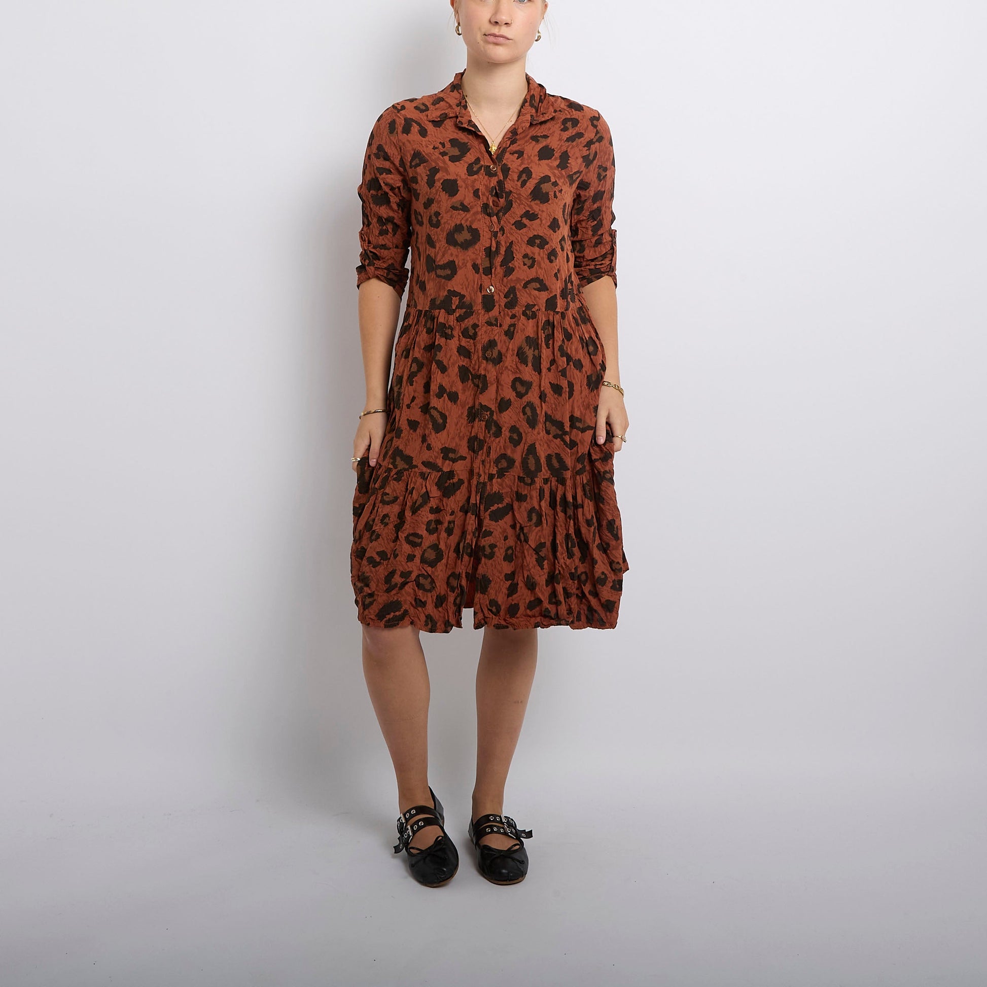 Leopard Print Tiered Shirt Midi Dress-UK 10