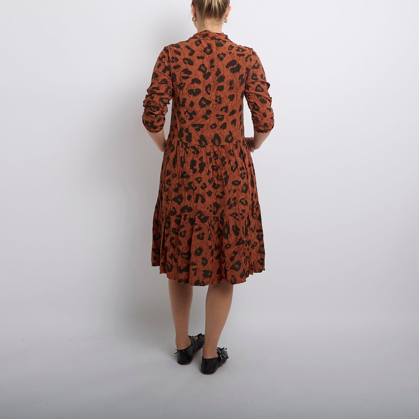 Leopard Print Tiered Shirt Midi Dress-UK 10