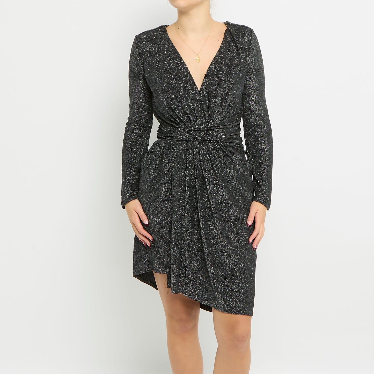 V-Neck Gathered Sparkly Midi Dress - UK 10