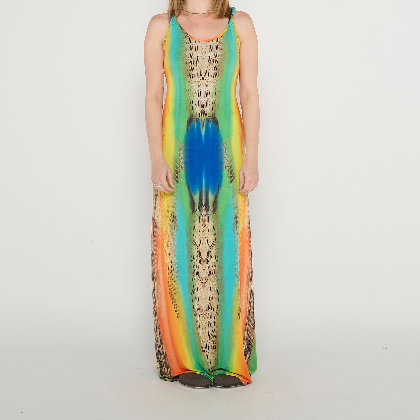 Open Back Peacock Print Maxi Dress - 10