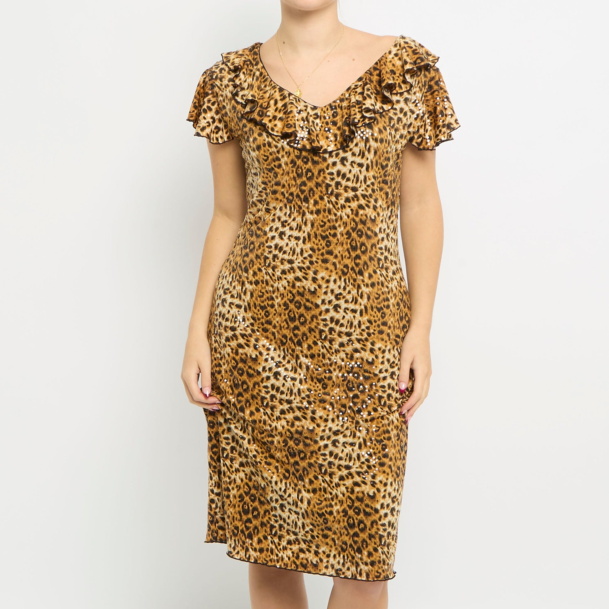 Sparkly Leopard Print Ruffle Shoulder Hem Midi Dress - UK 12