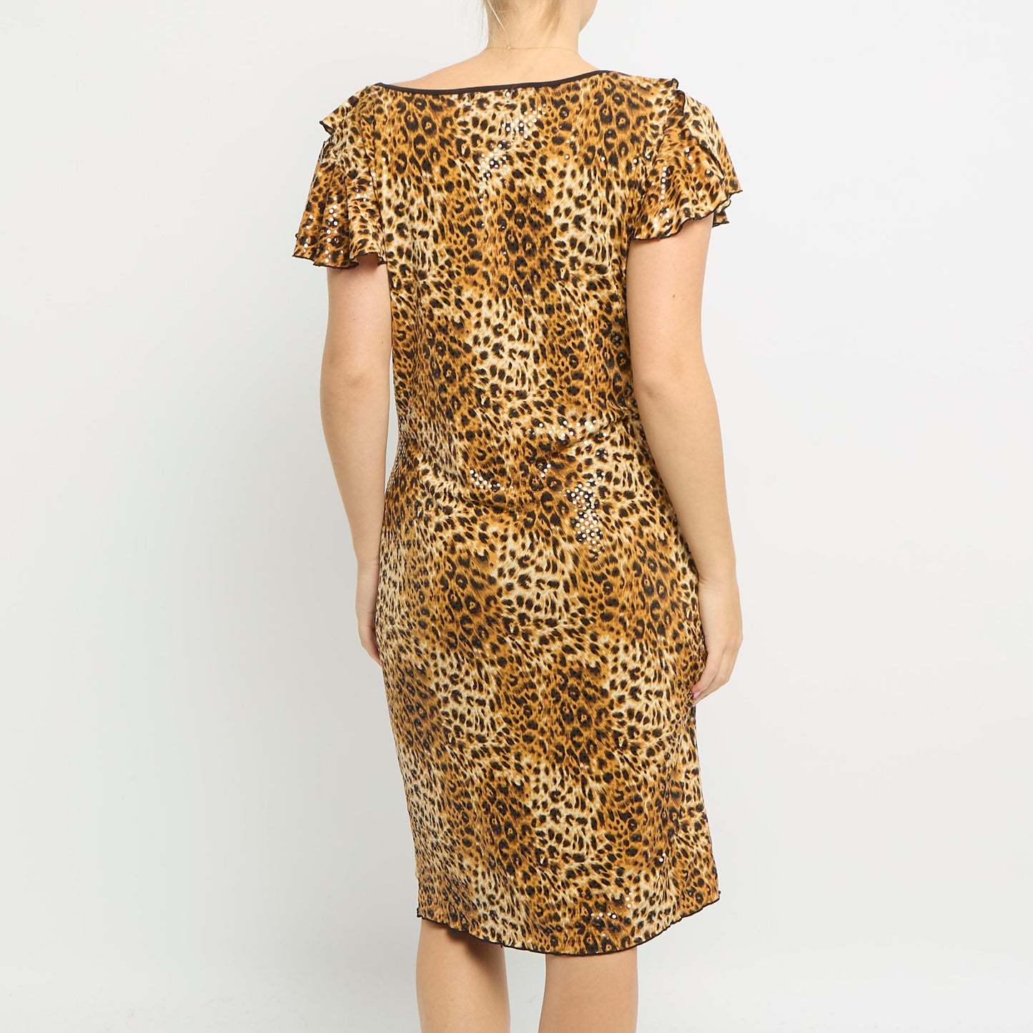 Sparkly Leopard Print Ruffle Shoulder Hem Midi Dress - UK 12