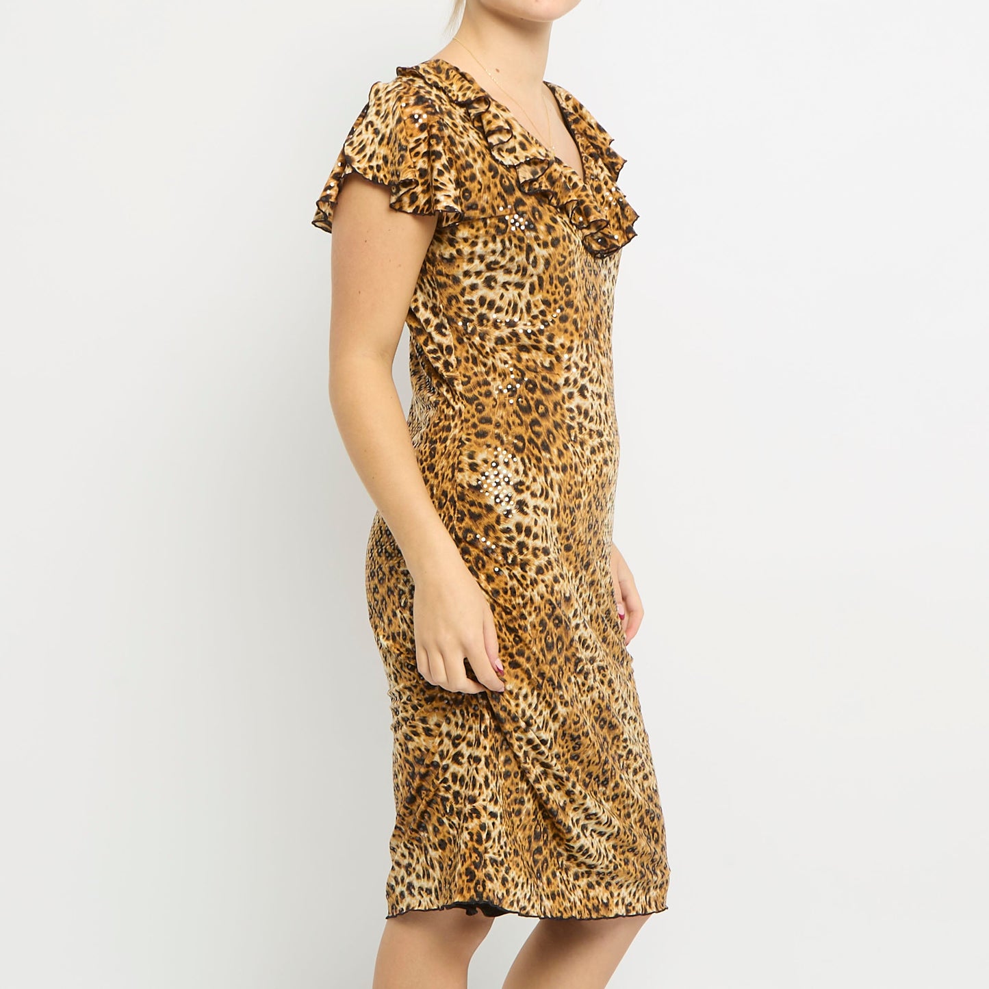 Sparkly Leopard Print Ruffle Shoulder Hem Midi Dress - UK 12