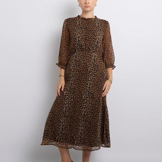 Leopard Print High Ruffle Neck Maxi Dress- UK 12