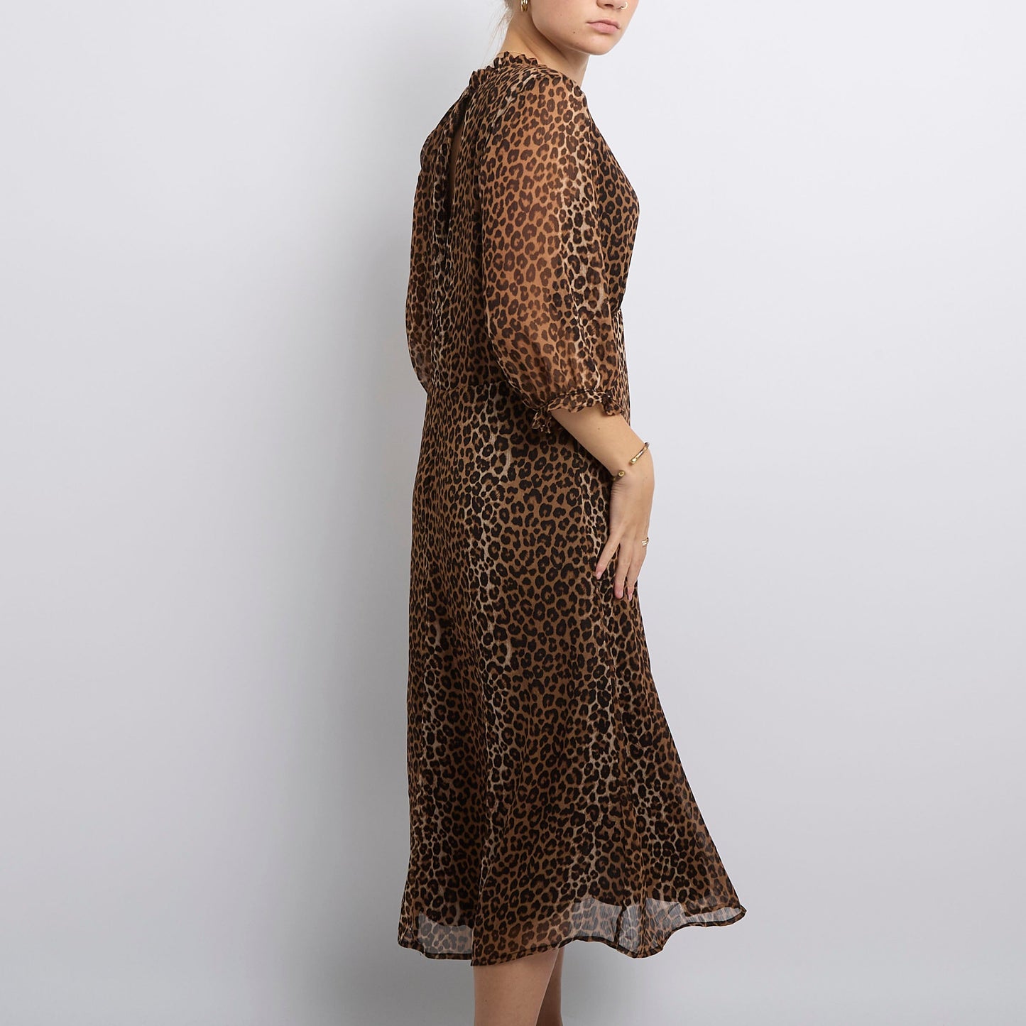 Leopard Print High Ruffle Neck Maxi Dress- UK 12