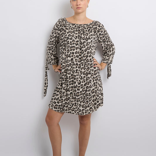 Leopard Print Off The Shoulder Midi Dress-UK 12