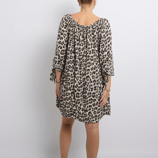 Leopard Print Off The Shoulder Midi Dress-UK 12