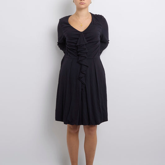 V-Neck Ruffle 3/4 Sleeve Midi Dress-UK 12