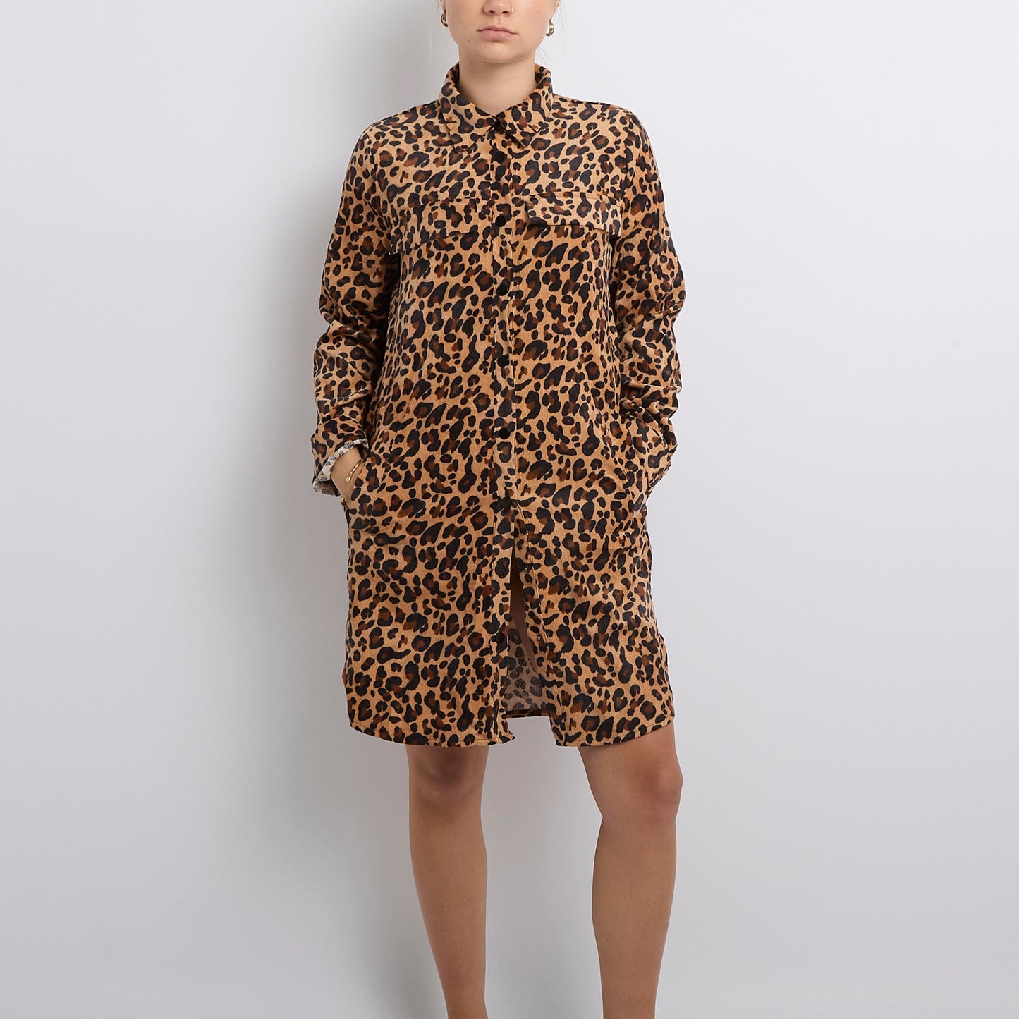 Courdroy Leopard Print Shirt Dress- UK 14