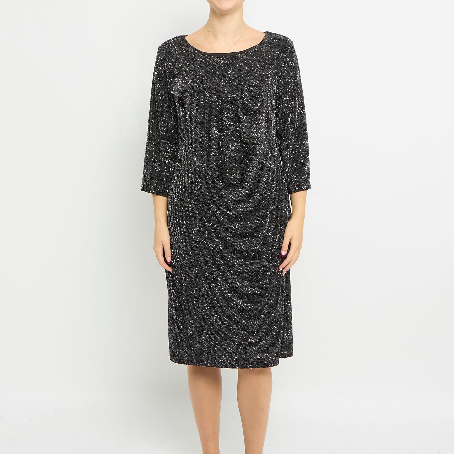 Scoop Neck Sparkly 3/4 Sleeve Midi Dress - UK 14