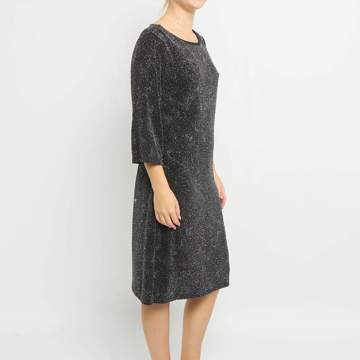 Scoop Neck Sparkly 3/4 Sleeve Midi Dress - UK 14