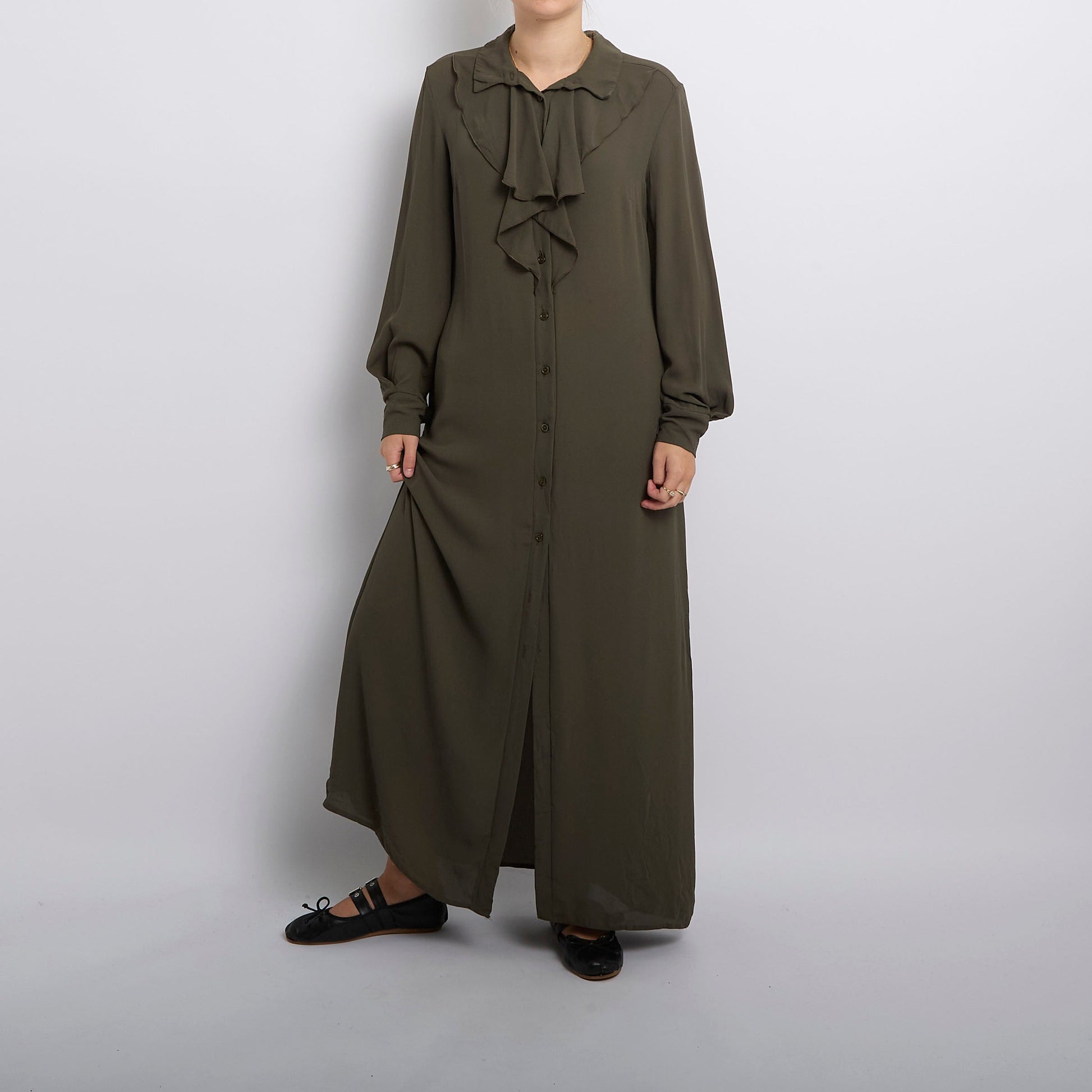 Ruffle Neck Chiffon Maxi Shirt Dress- UK 16