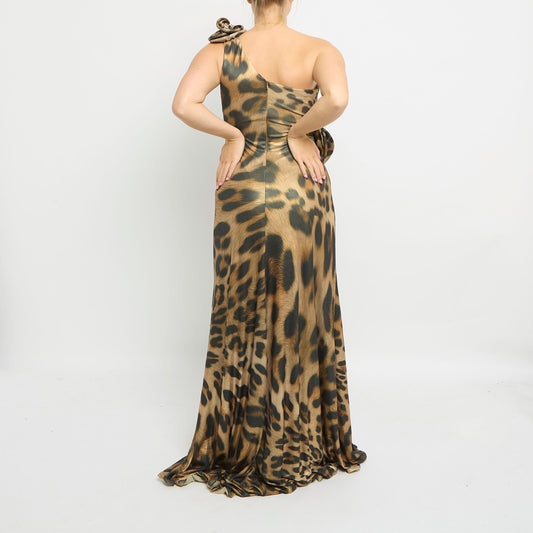 Satin Leopard Print Halter Neck Flower Detail Maxi Dress - UK 8