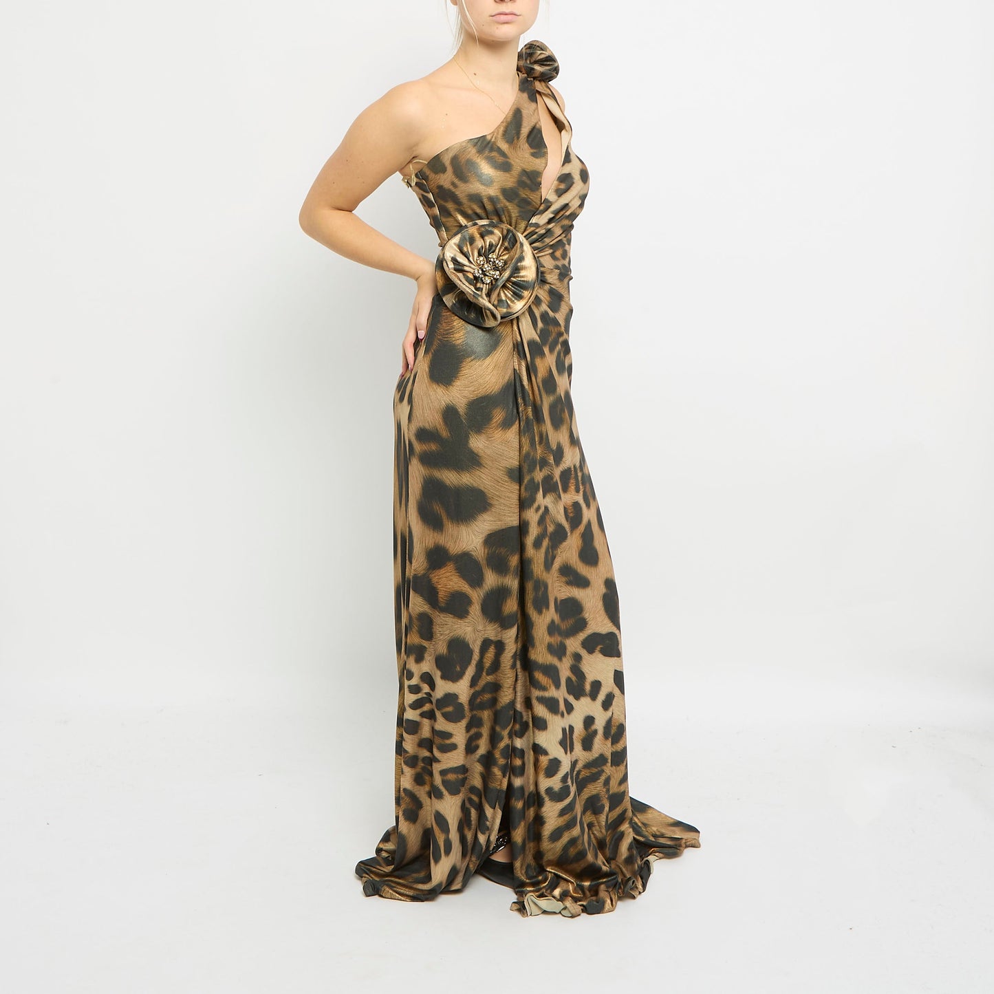 Satin Leopard Print Halter Neck Flower Detail Maxi Dress - UK 8