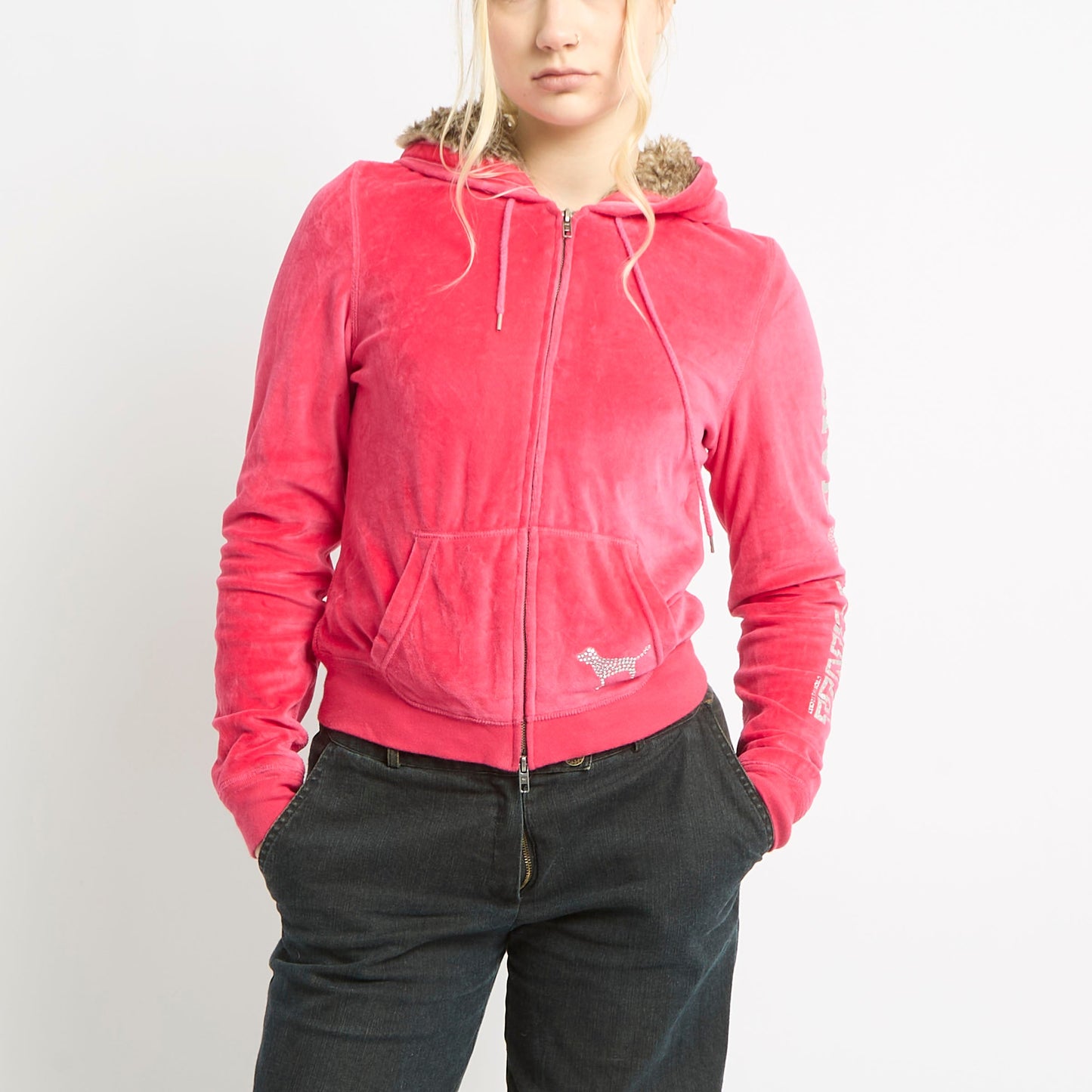 Victoria's Secret Pink Velour Track Jacket With Fur Lined Hood - M