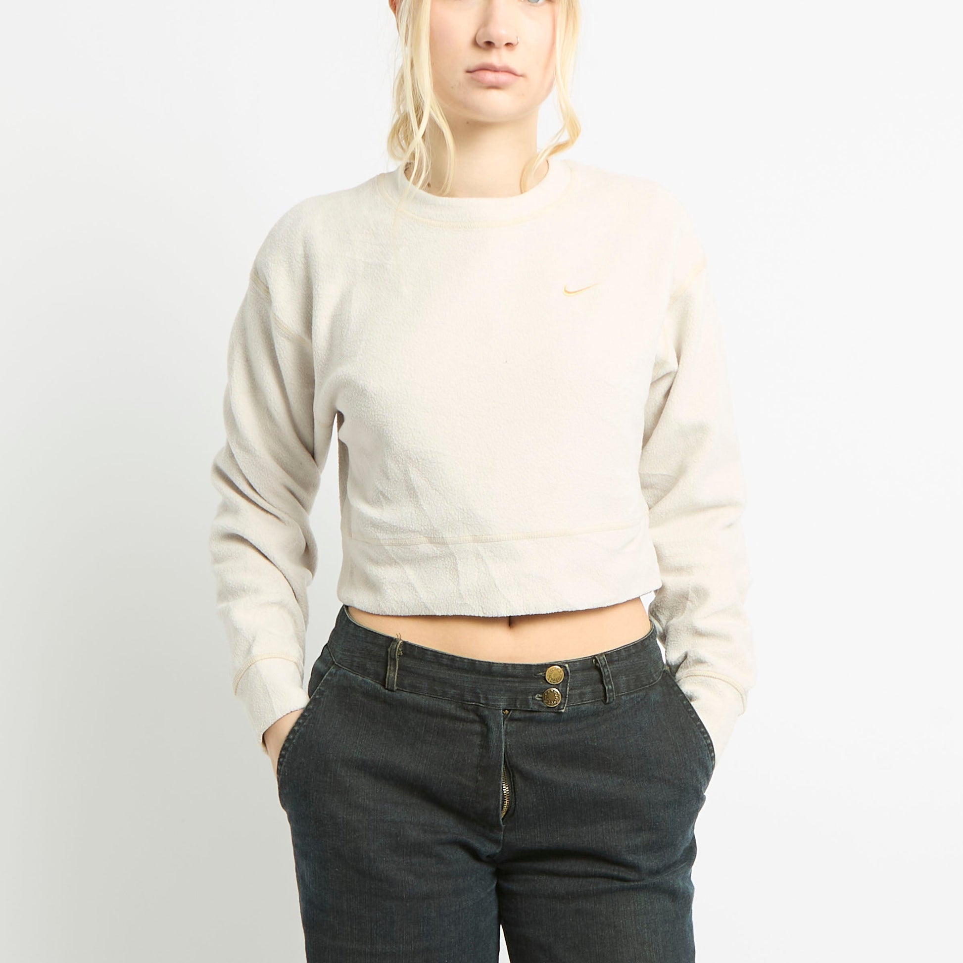 Cropped Nike Fleece Jumper With Gold Contrast Stitching - XS