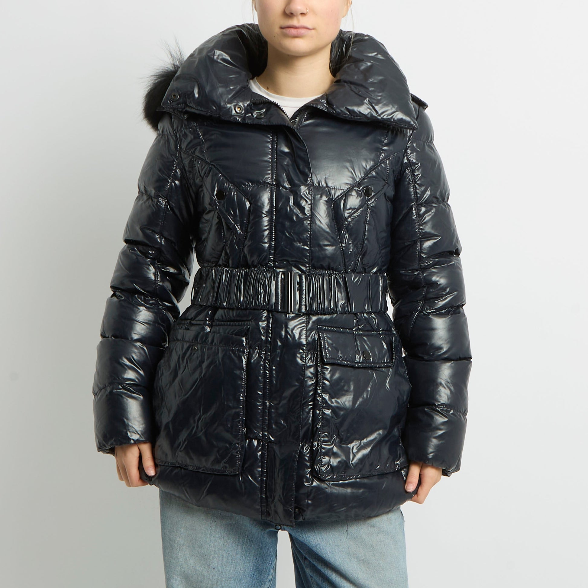 Fur Hood Belted Puffer Jacket - UK 10