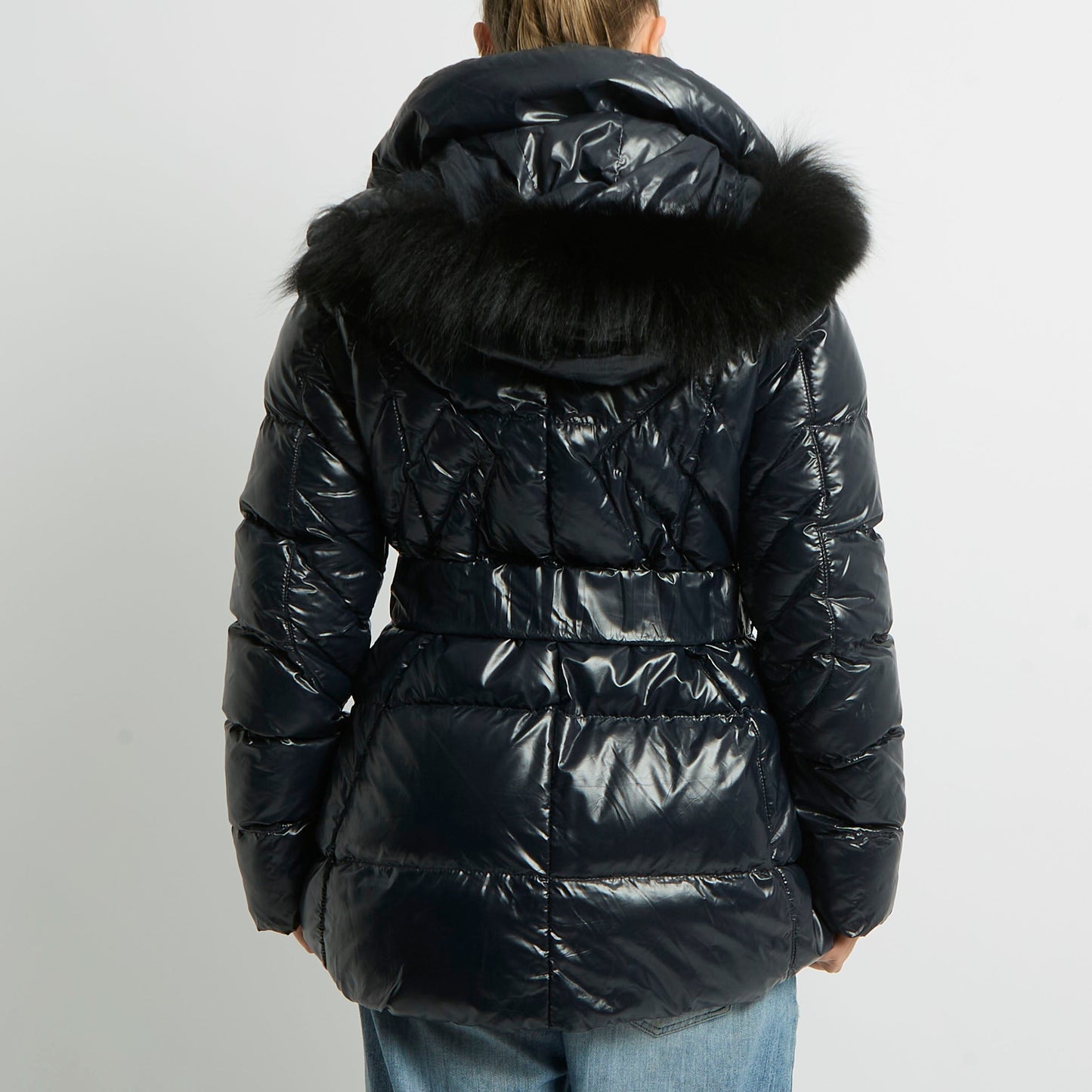 Fur Hood Belted Puffer Jacket - UK 10