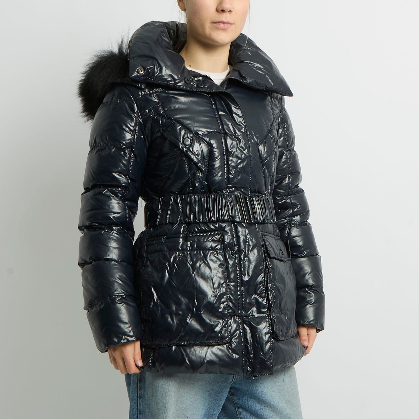 Fur Hood Belted Puffer Jacket - UK 10