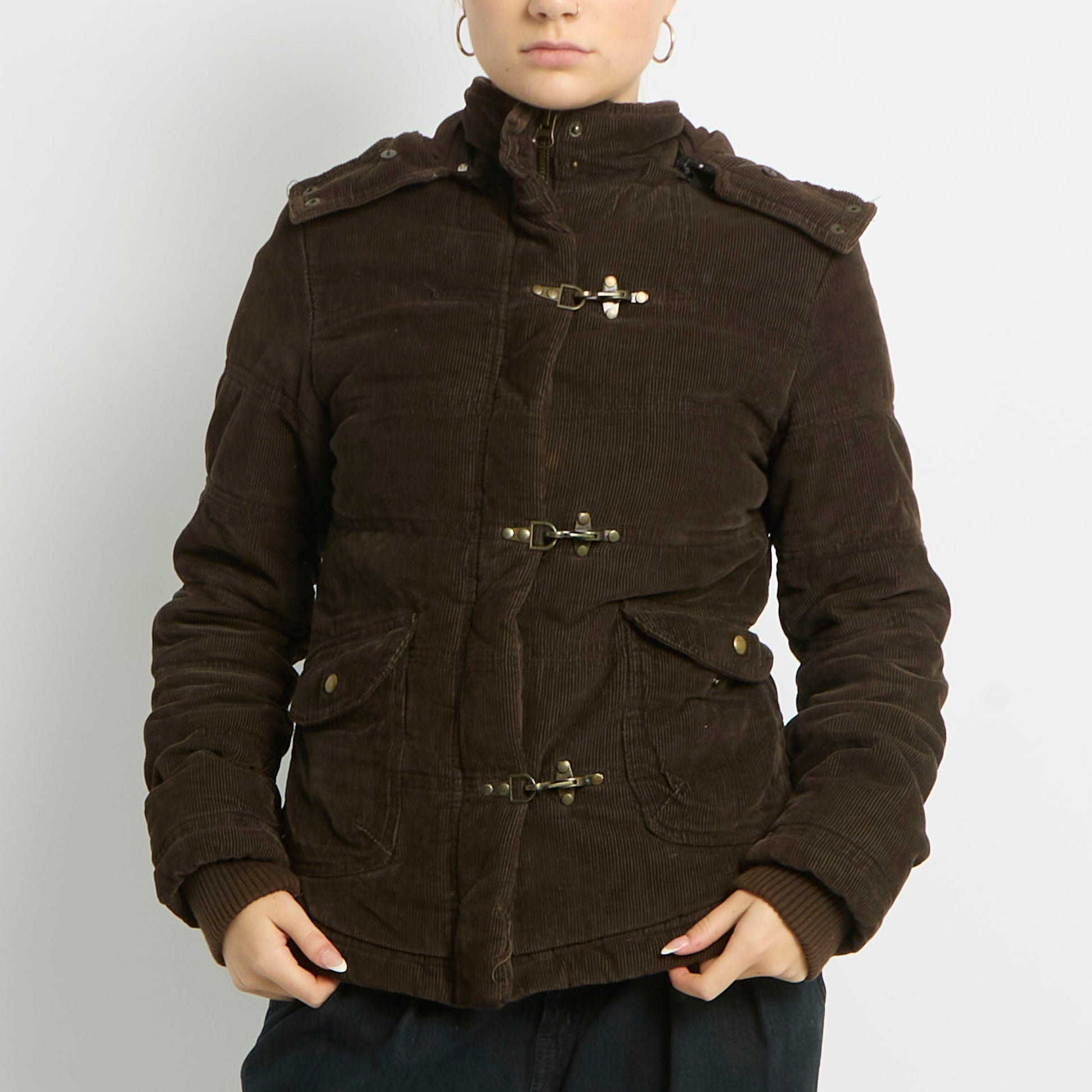 Corduroy Clasp Detail Puffer Jacket - UK 10