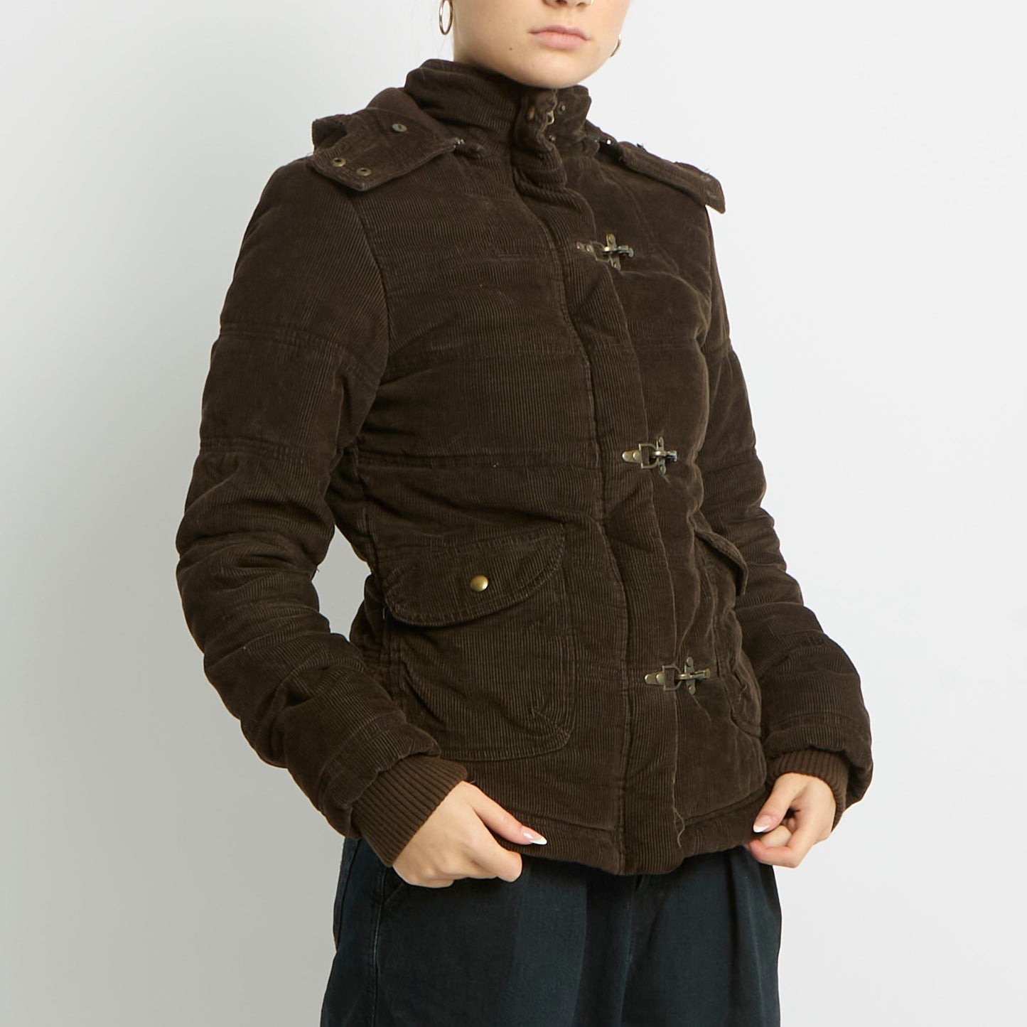 Corduroy Clasp Detail Puffer Jacket - UK 10